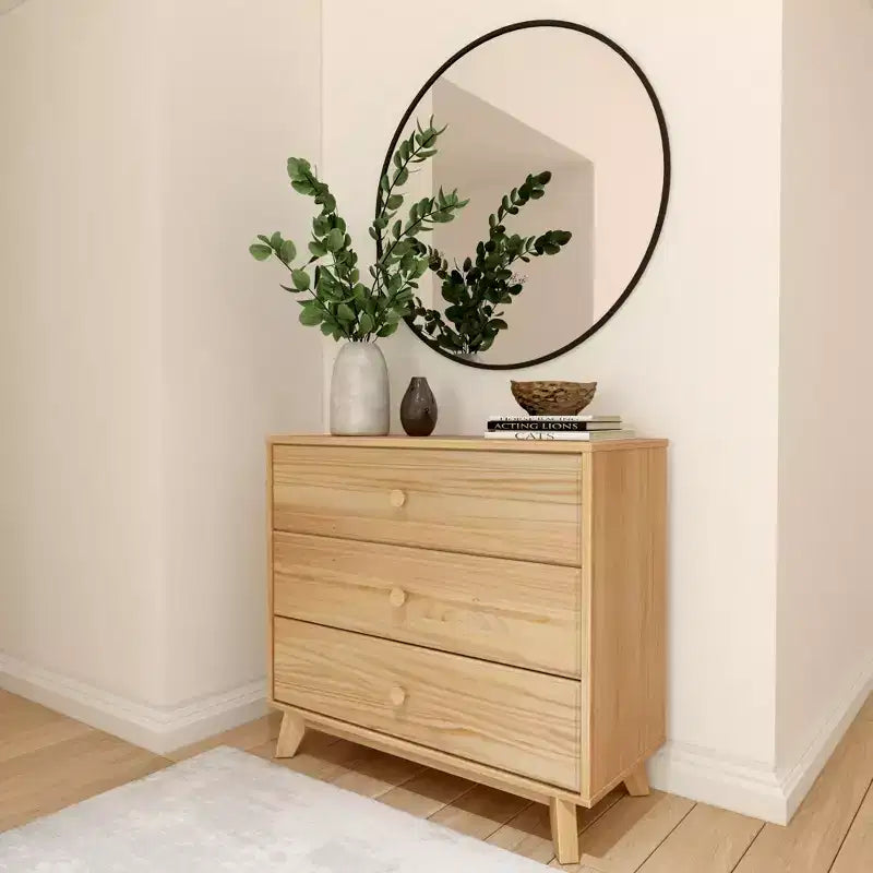 Plank+Beam Massivholz Klassische Kommode mit 3 Schubladen, kleine Schlafzimmerkommode, Schubladenkommode