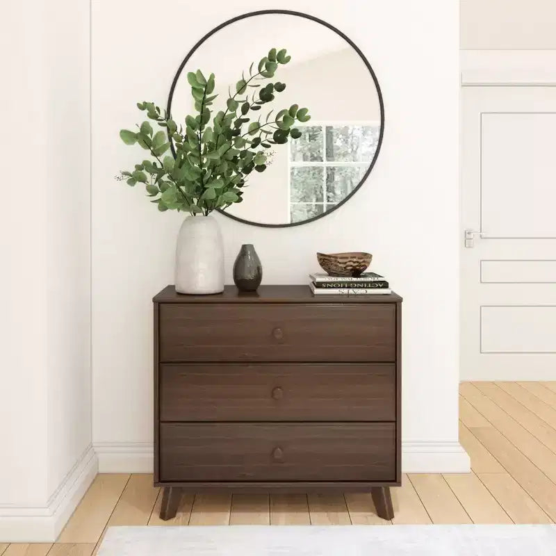 Plank+Beam Massivholz Klassische Kommode mit 3 Schubladen, kleine Schlafzimmerkommode, Schubladenkommode