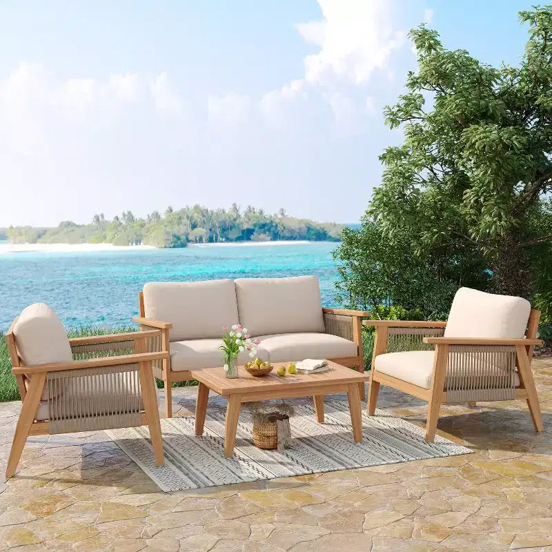 Christopher Knight Home Tariq Outdoor 4 Pieces Rustic Acacia Wood and Rope Seating Set with Cushion