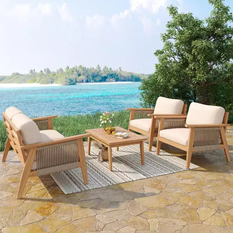 Christopher Knight Home Tariq Outdoor 4-teiliges Lounge-Set aus rustikalem Akazienholz und Seil mit Kissen