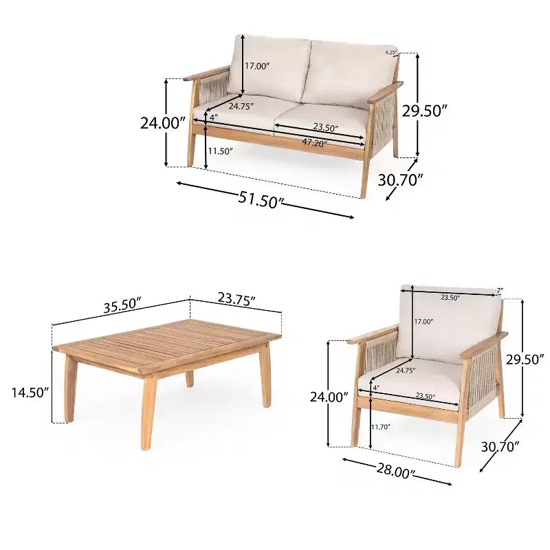 Christopher Knight Home Tariq Outdoor 4-teiliges Lounge-Set aus rustikalem Akazienholz und Seil mit Kissen