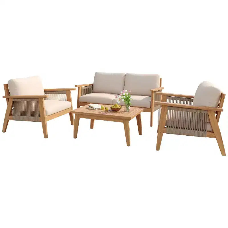 Christopher Knight Home Tariq Outdoor 4-teiliges Lounge-Set aus rustikalem Akazienholz und Seil mit Kissen
