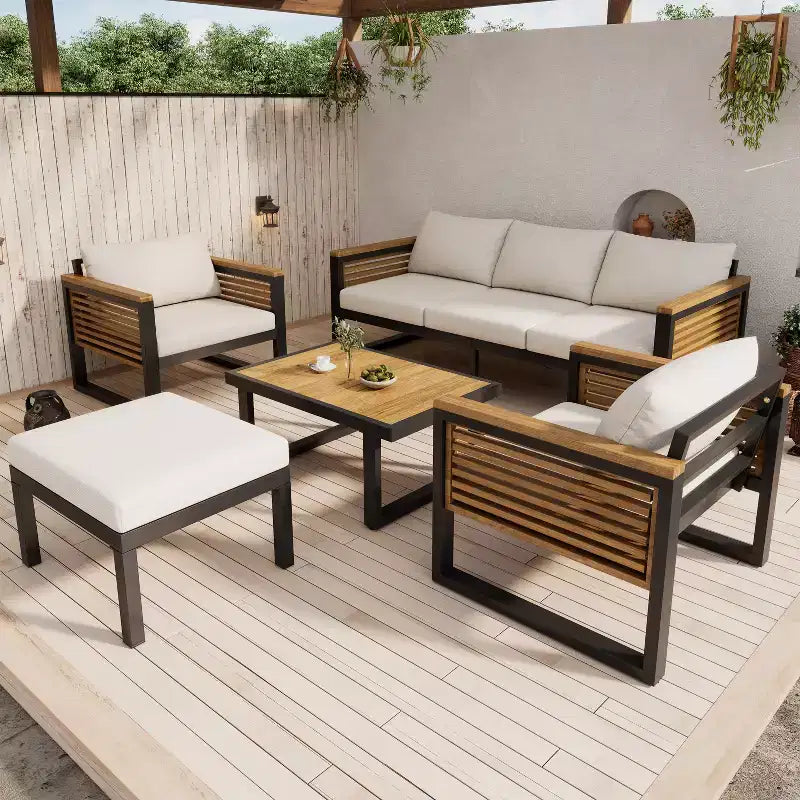 Christopher Knight Home Faye 5 Piece Patio Acacia and Metal Upholstered Seating Set with Slat Design