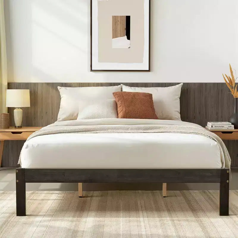 Solid Wood Platform Bed Frame with Wooden Slat Support, Dark Grey