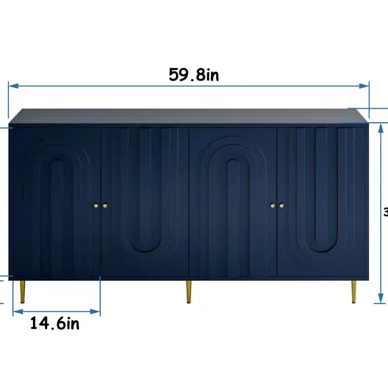 Modernes blau lackiertes 4-türiges Holzschrank Sideboard Buffet Anrichte Schrank Aufbewahrungsschrank