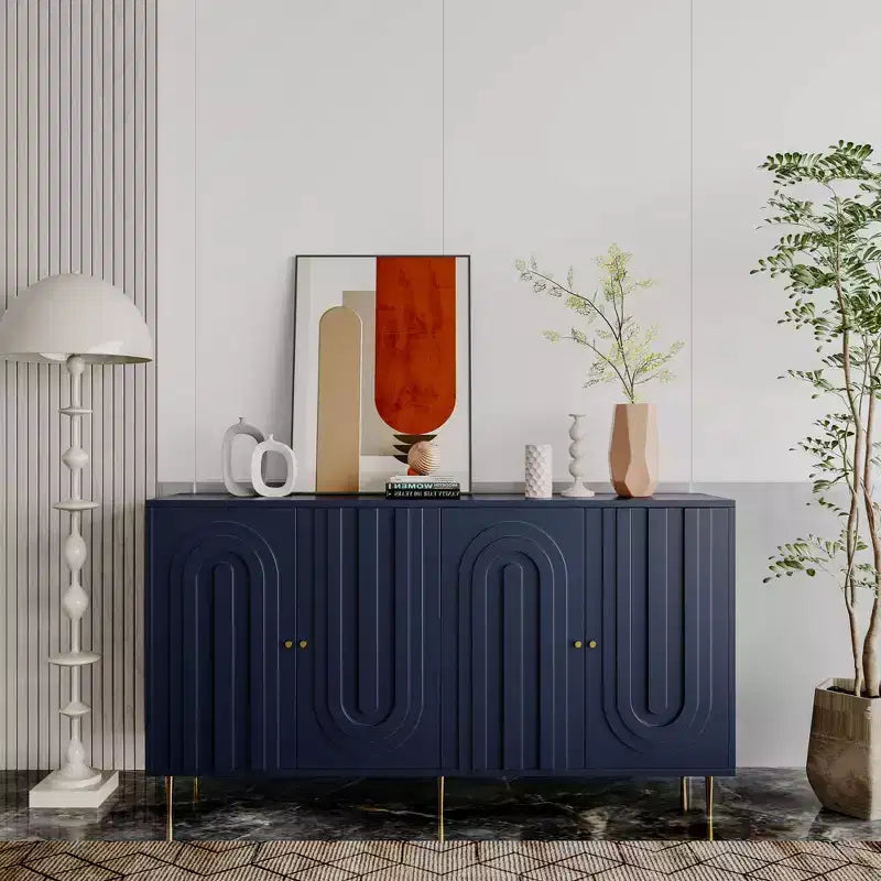Modern Blue Lacquered 4 Door Wooden Cabinet Sideboard Buffet Server Cabinet Storage Cabinet