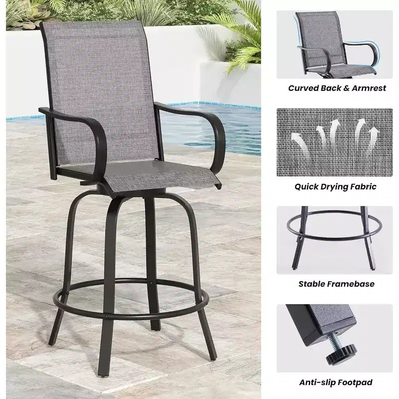 2er-Set drehbarer Outdoor-Barhocker mit Textilene-Gewebe – 360°-Rotation, wetterfestes, ergonomisches Design, perfekt für Balkon und Terrasse