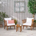 GDFStudio Lorie Outdoor Acacia Wood 3 Piece Club Chair Chat Set with Water Resistant Cushions, Teak/White