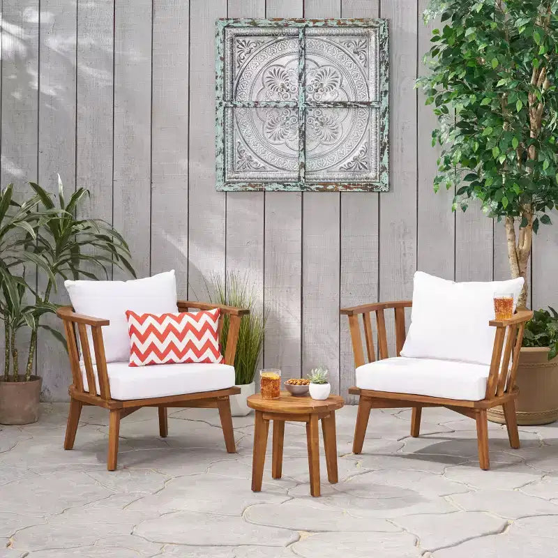 GDFStudio Lorie Outdoor Acacia Wood 3 Piece Club Chair Chat Set with Water Resistant Cushions, Teak/White