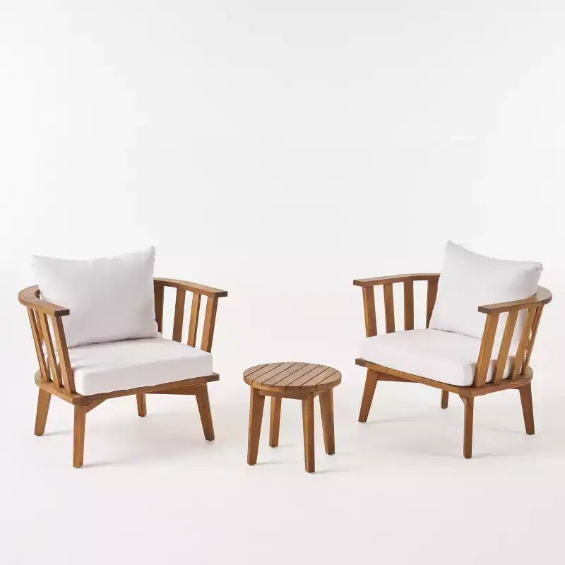 GDFStudio Lorie Outdoor-Loungeset aus Akazienholz, 3-teilig, mit wasserabweisenden Kissen, Teak/Weiß