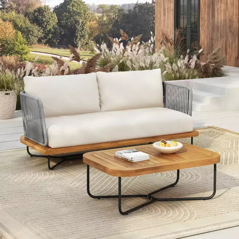 Christopher Knight Home Ofra Patio Rope Woven Acacia and Iron Frame Seating Set with 7 Water-Resistant Cushion