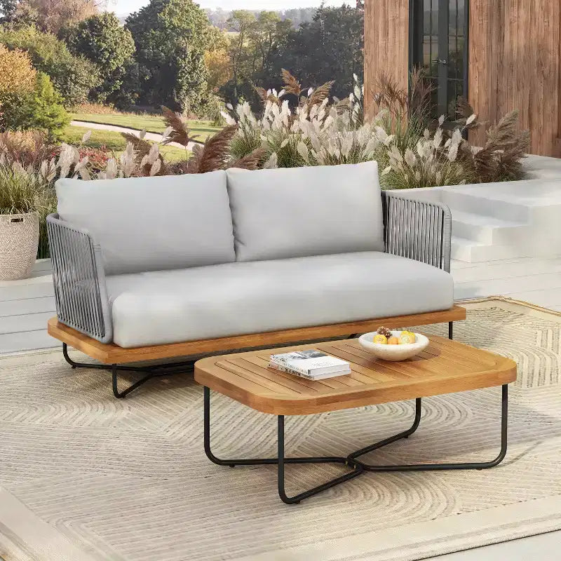 Christopher Knight Home Ofra Patio Sitzgarnitur aus Akazienholz und Eisen mit Seilgeflecht und 7 wasserabweisenden Kissen