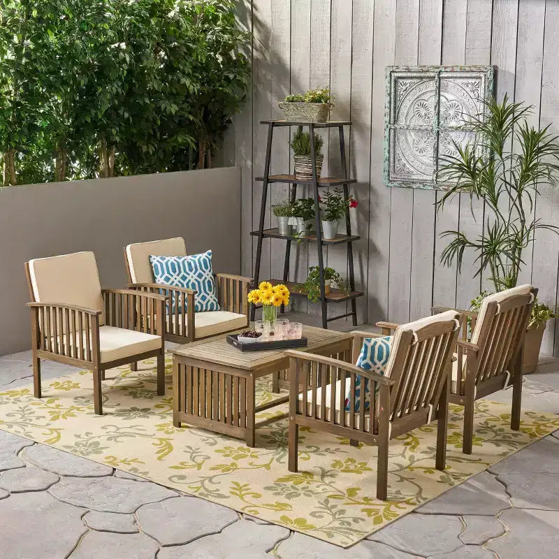 Christopher Knight Home Carolina Outdoor Acacia Wood 5 Piece Club Chair Chat Set with Cushions