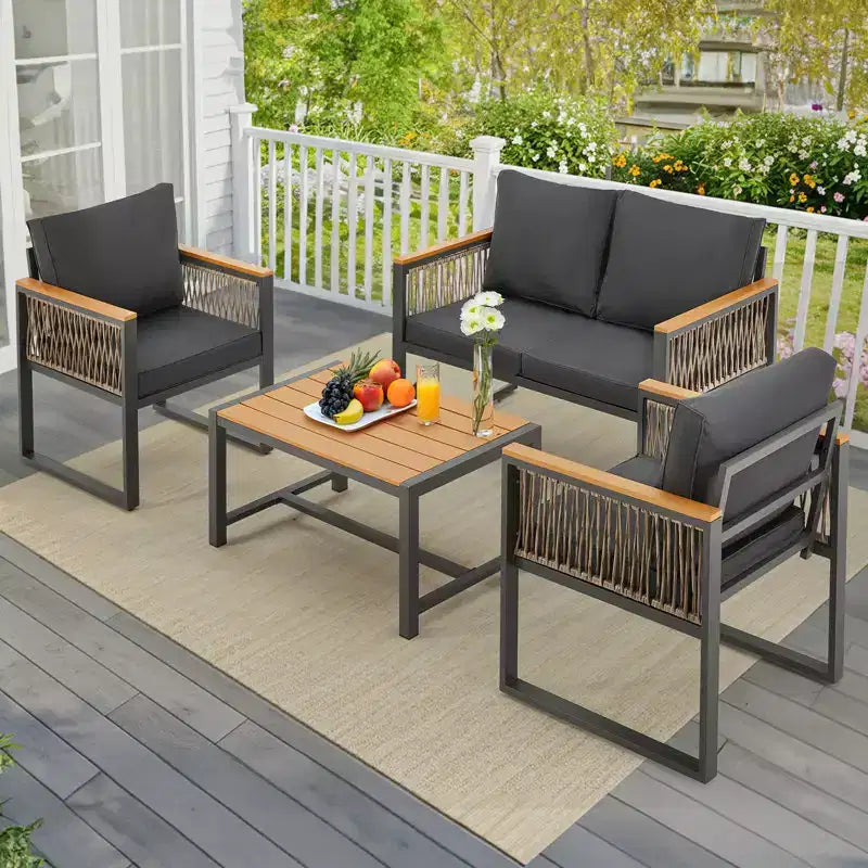EROMMY 4pcs Modern Metal Patio Furniture Set, All-Weather Outdoor Conversation Set with Removable Washable Cushions & PE Woven Rattan