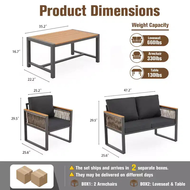 EROMMY 4-teiliges modernes Terrassenmöbel-Set aus Metall, wetterfestes Outdoor-Gesprächsset mit abnehmbaren, waschbaren Kissen und PE-Geflecht