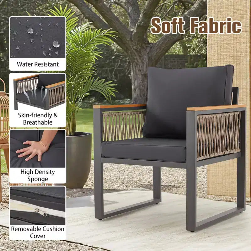 EROMMY 4-teiliges modernes Terrassenmöbel-Set aus Metall, wetterfestes Outdoor-Gesprächsset mit abnehmbaren, waschbaren Kissen und PE-Geflecht