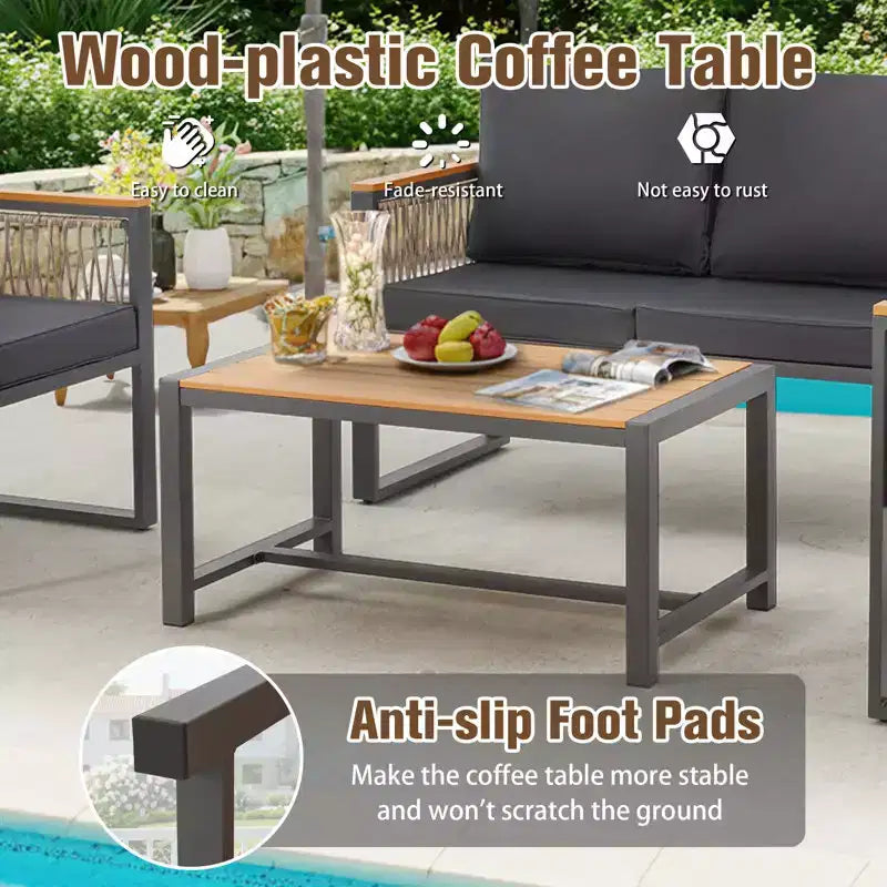 EROMMY 4-teiliges modernes Terrassenmöbel-Set aus Metall, wetterfestes Outdoor-Gesprächsset mit abnehmbaren, waschbaren Kissen und PE-Geflecht