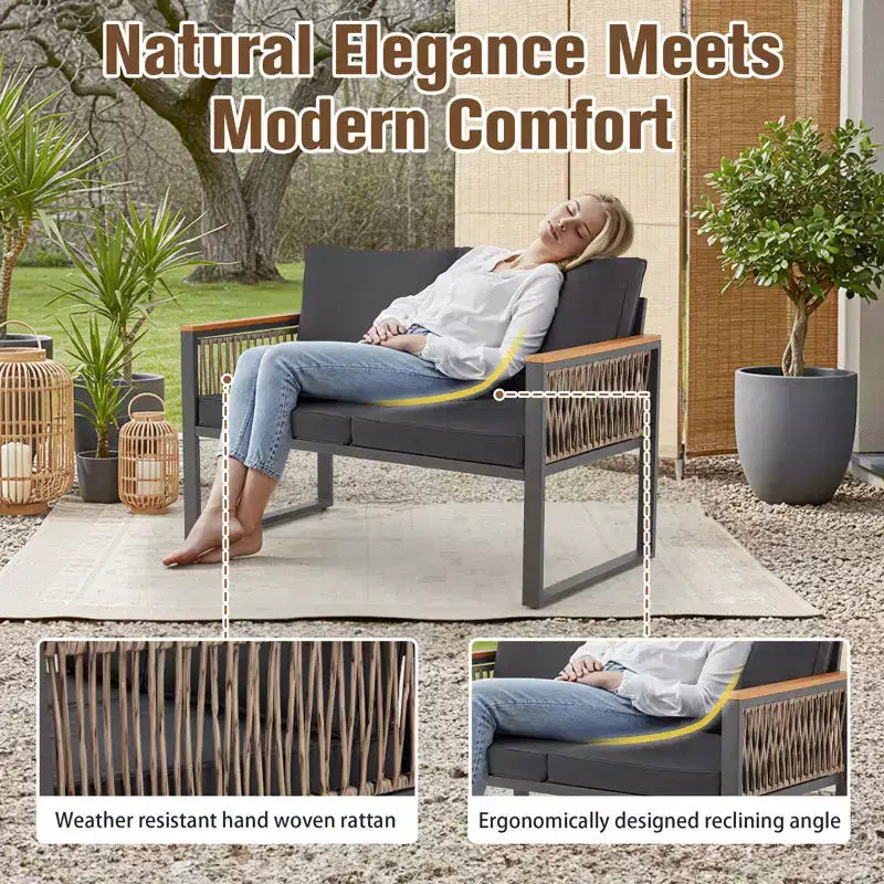 EROMMY 4-teiliges modernes Terrassenmöbel-Set aus Metall, wetterfestes Outdoor-Gesprächsset mit abnehmbaren, waschbaren Kissen und PE-Geflecht