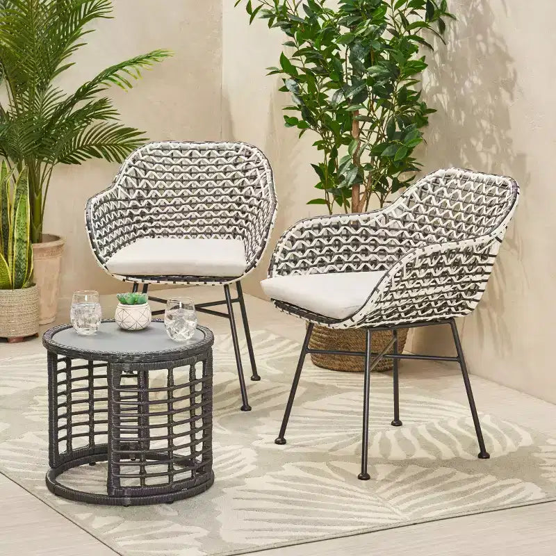 Christopher Knight Home Gulley Outdoor Wicker 3 Piece Chat Set with Cushion, White/Black