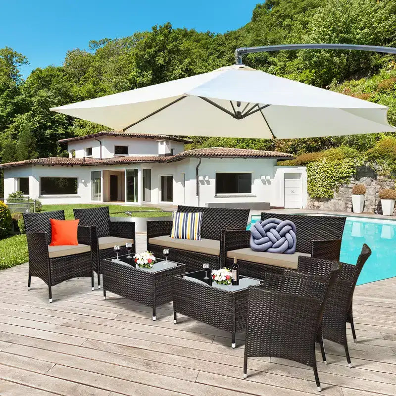 Costway 8PCS Rattan Patio Furniture Set Cushioned Sofa Chair Mix Brown