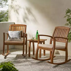 GDFStudio Amber Outdoor Acacia Wood 3 Piece Rocking Chair Chat Set with Cushions, Teak/Cream