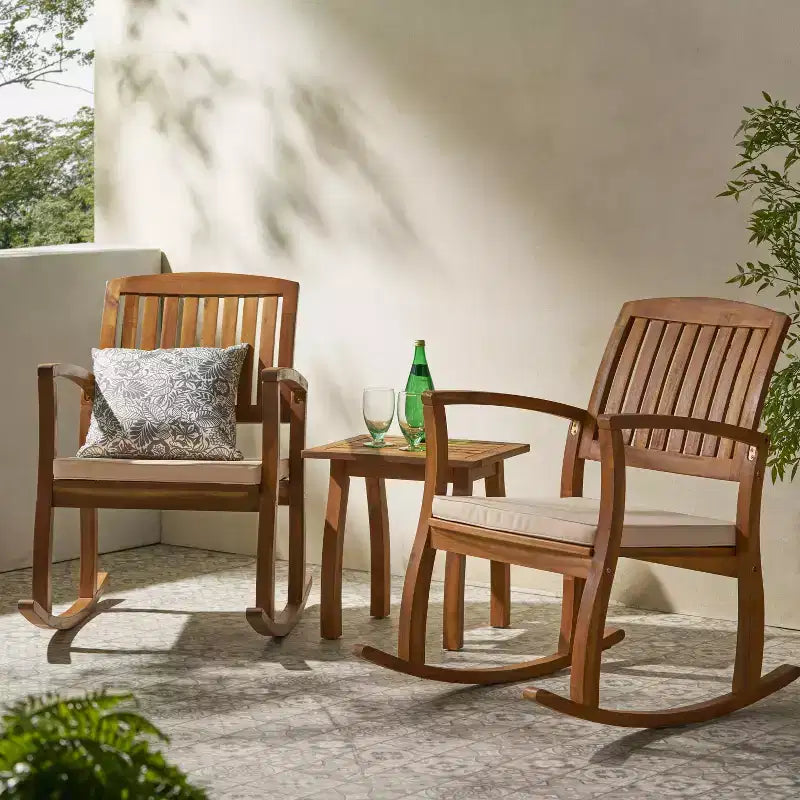 GDFStudio Amber Outdoor Acacia Wood 3 Piece Rocking Chair Chat Set with Cushions, Teak/Cream