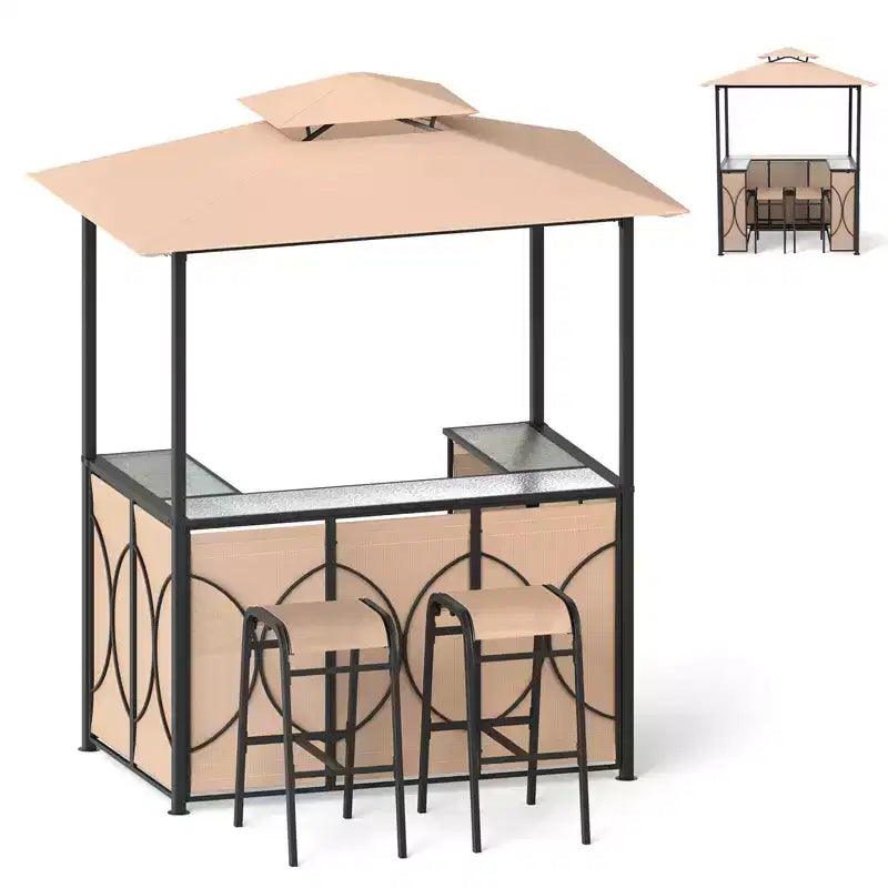 Costway 6,5 x 4 x 8 FT Grillpavillon-Set mit 2 Barhockern, Bartisch aus gehärtetem Glas Braun/Grau
