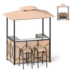 Costway 6,5 x 4 x 8 FT Grillpavillon-Set mit 2 Barhockern, Bartisch aus gehärtetem Glas Braun/Grau