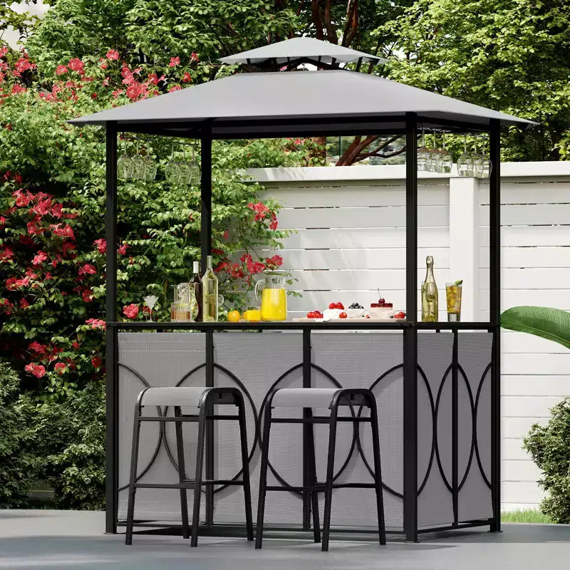 Costway 6,5 x 4 x 8 FT Grillpavillon-Set mit 2 Barhockern, Bartisch aus gehärtetem Glas Braun/Grau