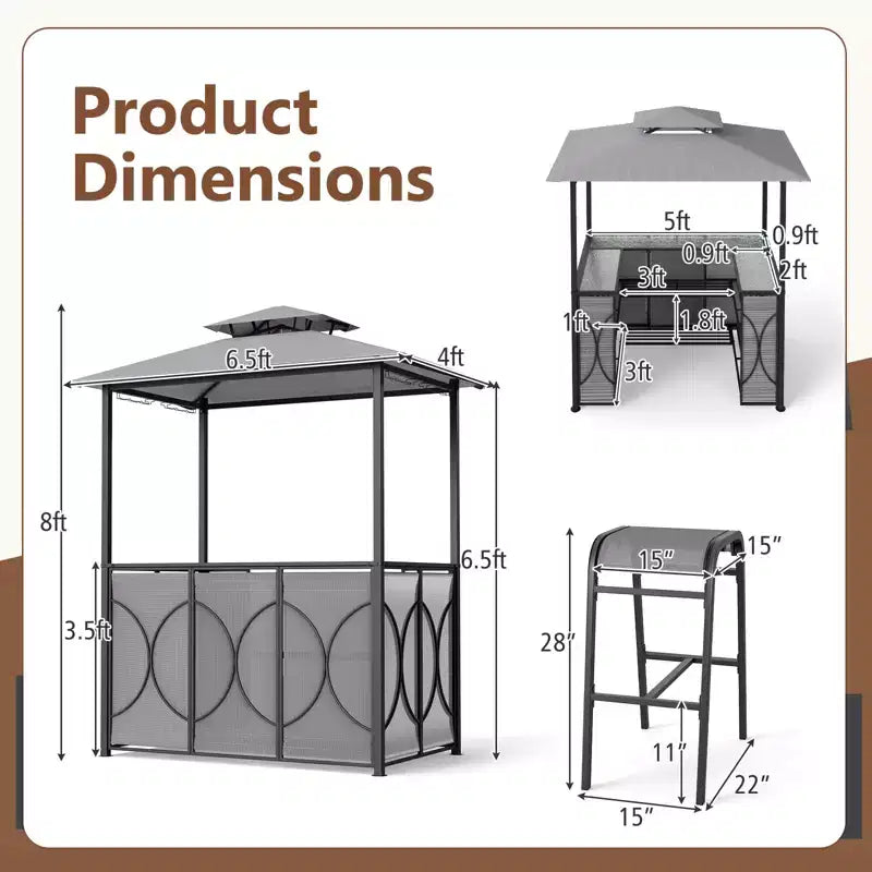 Costway 6,5 x 4 x 8 FT Grillpavillon-Set mit 2 Barhockern, Bartisch aus gehärtetem Glas Braun/Grau