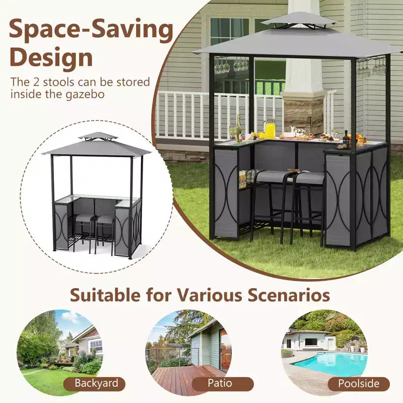 Costway 6,5 x 4 x 8 FT Grillpavillon-Set mit 2 Barhockern, Bartisch aus gehärtetem Glas Braun/Grau