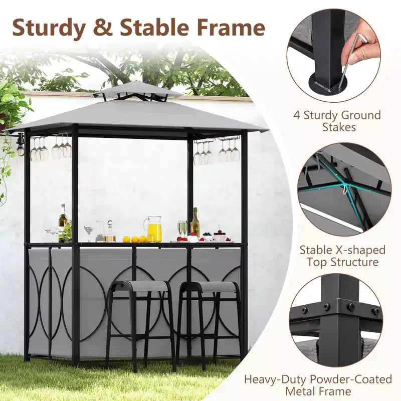 Costway 6,5 x 4 x 8 FT Grillpavillon-Set mit 2 Barhockern, Bartisch aus gehärtetem Glas Braun/Grau