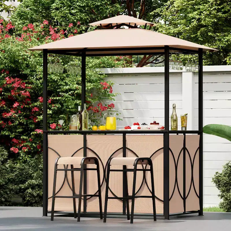 Costway 6,5 x 4 x 8 FT Grillpavillon-Set mit 2 Barhockern, Bartisch aus gehärtetem Glas Braun/Grau