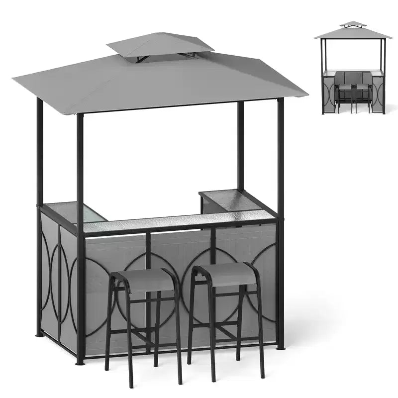 Costway 6,5 x 4 x 8 FT Grillpavillon-Set mit 2 Barhockern, Bartisch aus gehärtetem Glas Braun/Grau