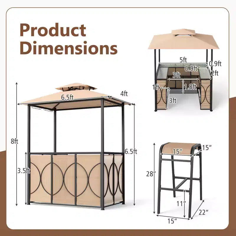Costway 6,5 x 4 x 8 FT Grillpavillon-Set mit 2 Barhockern, Bartisch aus gehärtetem Glas Braun/Grau