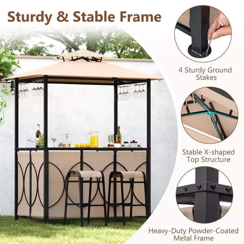 Costway 6,5 x 4 x 8 FT Grillpavillon-Set mit 2 Barhockern, Bartisch aus gehärtetem Glas Braun/Grau