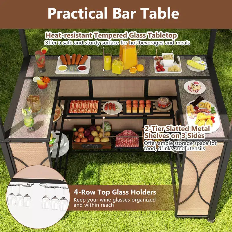 Costway 6,5 x 4 x 8 FT Grillpavillon-Set mit 2 Barhockern, Bartisch aus gehärtetem Glas Braun/Grau