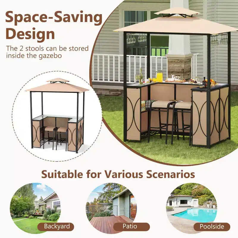 Costway 6,5 x 4 x 8 FT Grillpavillon-Set mit 2 Barhockern, Bartisch aus gehärtetem Glas Braun/Grau