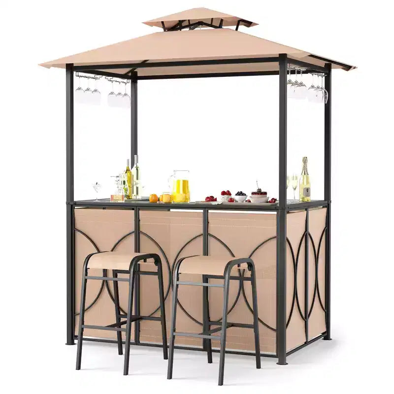 Costway 6.5 x 4 x 8 FT Grill Gazebo Set with 2 Bar Stools, Tempered Glass Bar Table Brown/Gray