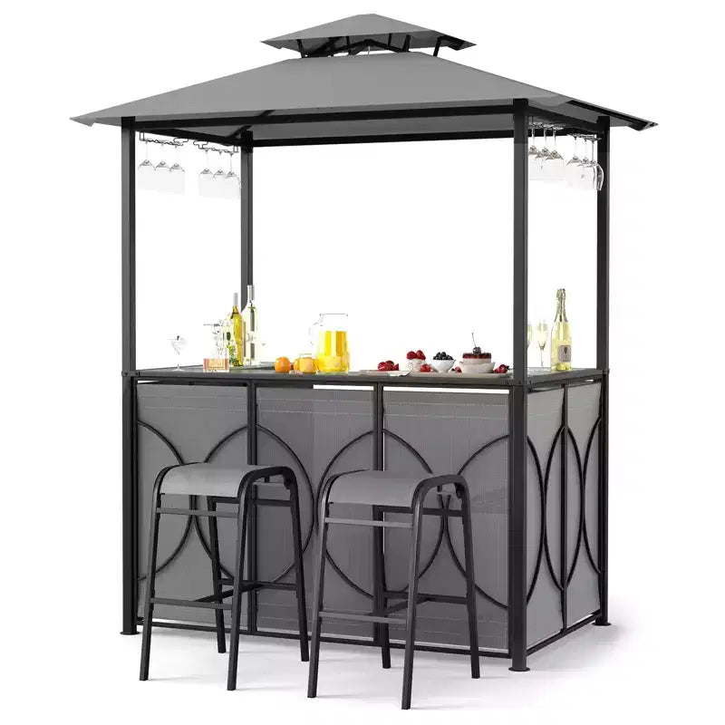 Costway 6,5 x 4 x 8 FT Grillpavillon-Set mit 2 Barhockern, Bartisch aus gehärtetem Glas Braun/Grau