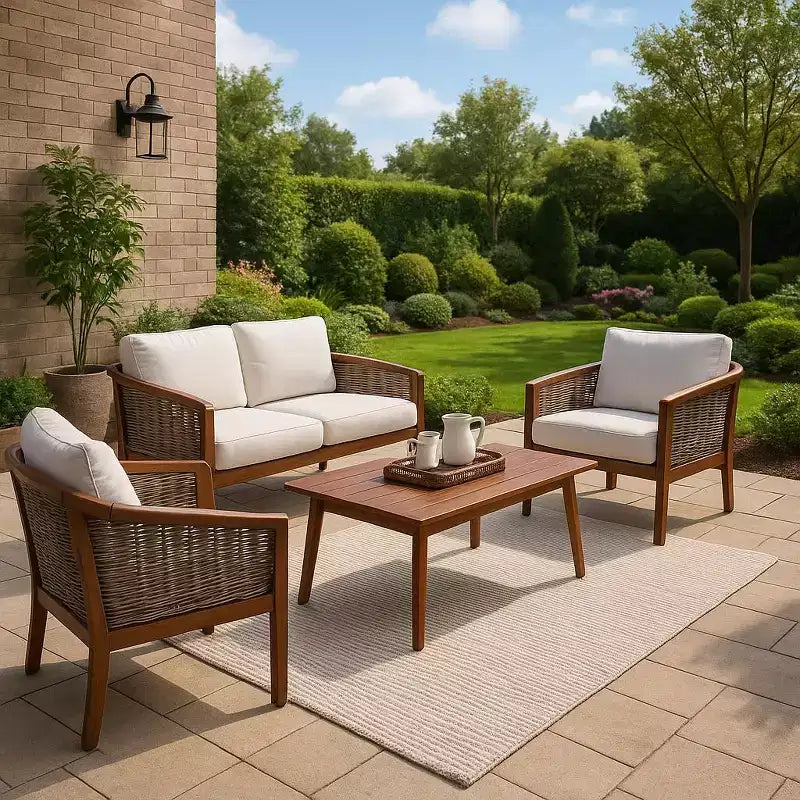 4-Piece Acacia Wood Outdoor Conversation Set in Brown - Teamson Home: Seats with Cushions & Matching Coffee Table