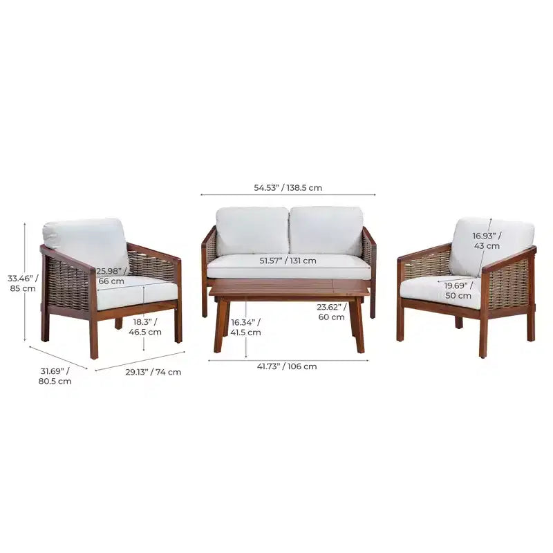 4-teiliges Outdoor-Sitzgruppen-Set aus Akazienholz in Braun - Teamson Home: Sitze mit Kissen & passendem Couchtisch