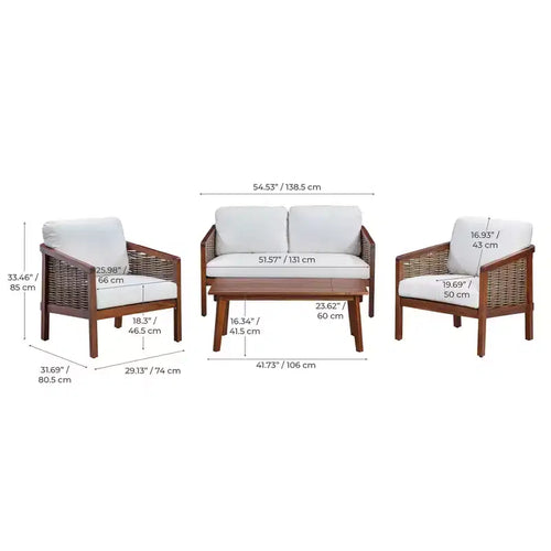 4-teiliges Outdoor-Sitzgruppen-Set aus Akazienholz in Braun - Teamson Home: Sitze mit Kissen & passendem Couchtisch