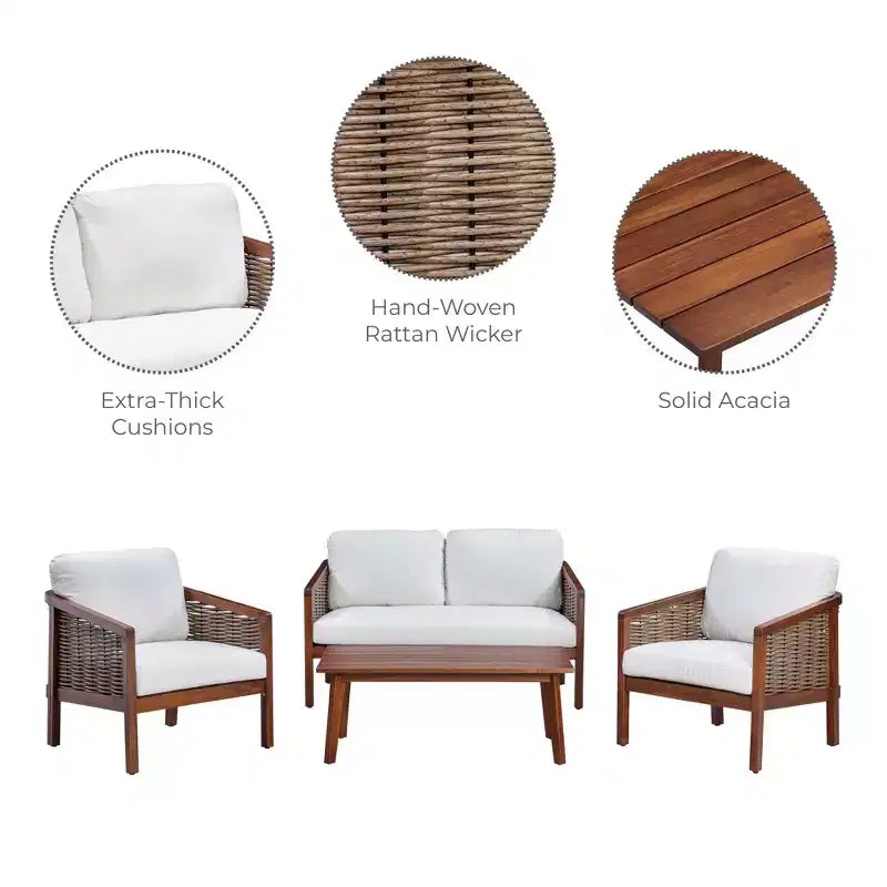 4-teiliges Outdoor-Sitzgruppen-Set aus Akazienholz in Braun - Teamson Home: Sitze mit Kissen & passendem Couchtisch