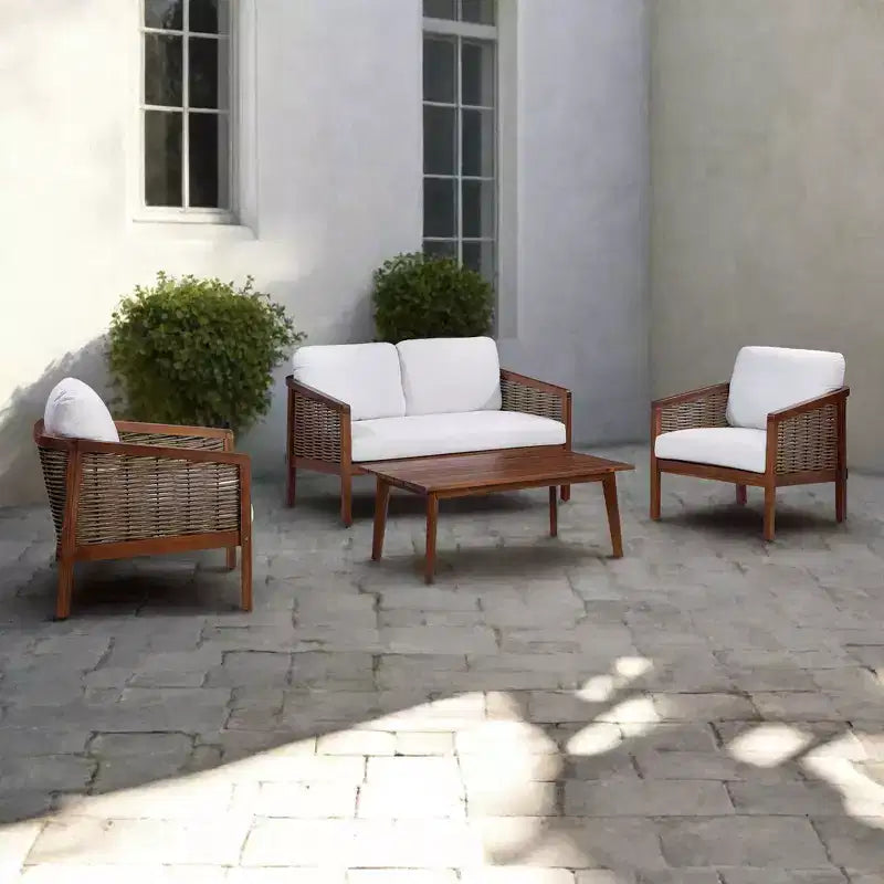 4-teiliges Outdoor-Sitzgruppen-Set aus Akazienholz in Braun - Teamson Home: Sitze mit Kissen & passendem Couchtisch