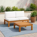 2 Piece Modular Sofa Set & Chaise Lounge Convertible with Natural Wood Finish - Teamson Home: Solid Acacia Frame & Outdoor Weather Resistant Cushions