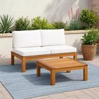 2 Piece Modular Sofa Set & Chaise Lounge Convertible with Natural Wood Finish - Teamson Home: Solid Acacia Frame & Outdoor Weather Resistant Cushions