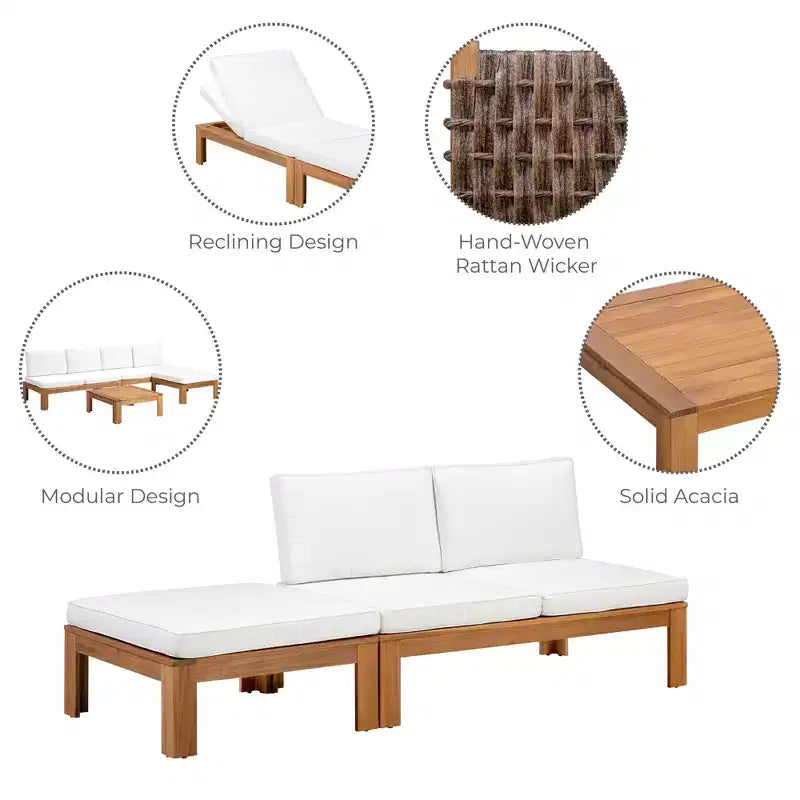 2-teiliges Modulsofa-Set & Chaiselongue, umwandelbar, mit Naturholz-Finish – Teamson Home: Massiver Akazienrahmen & wetterfeste Outdoor-Kissen