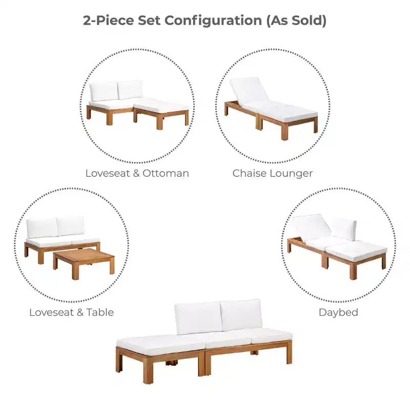 2-teiliges Modulsofa-Set & Chaiselongue, umwandelbar, mit Naturholz-Finish – Teamson Home: Massiver Akazienrahmen & wetterfeste Outdoor-Kissen