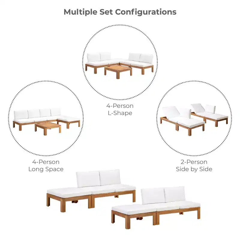 2-teiliges Modulsofa-Set & Chaiselongue, umwandelbar, mit Naturholz-Finish – Teamson Home: Massiver Akazienrahmen & wetterfeste Outdoor-Kissen
